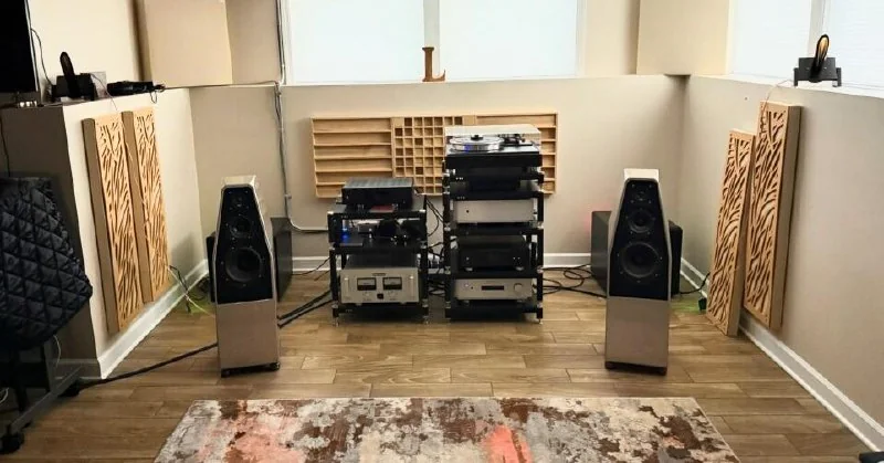 Koupler Karlson waveguide tweeters on tower speakers with turntable hifi setup