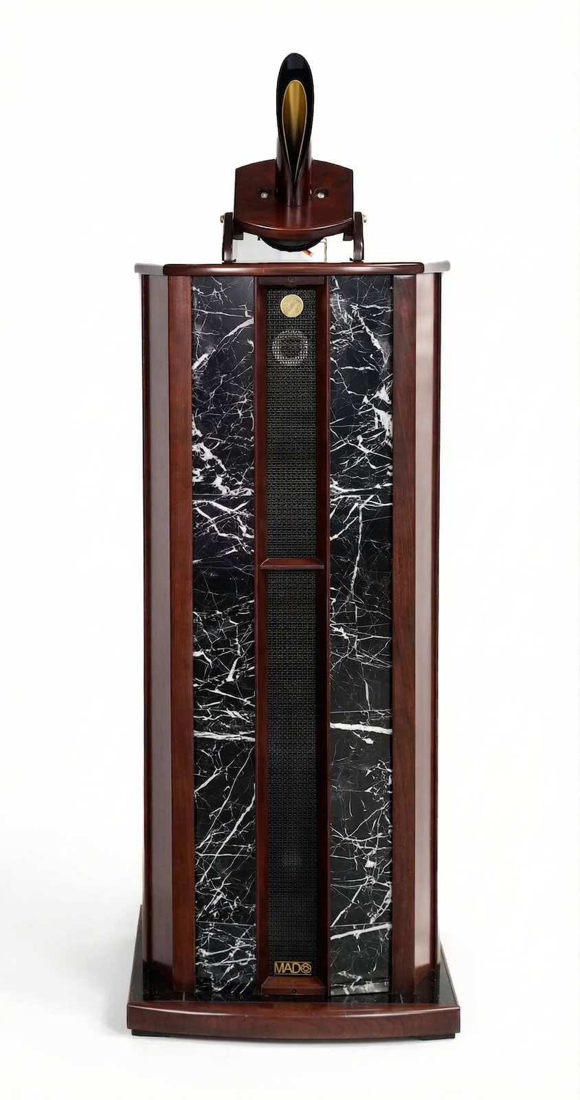 MADO™ Stony™ — flagship handcrafted open baffle speaker on white background with real stone front panel and Koupler™ Karlson waveguide